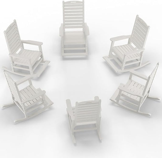 Outdoor Rocking Chair Set of 6 with Removable Footboard for Adults, HDPE High Back Patio Rocking Chairs, 330lbs All Weather Porch Rocking Chairs for Outdoor & Indoor -White