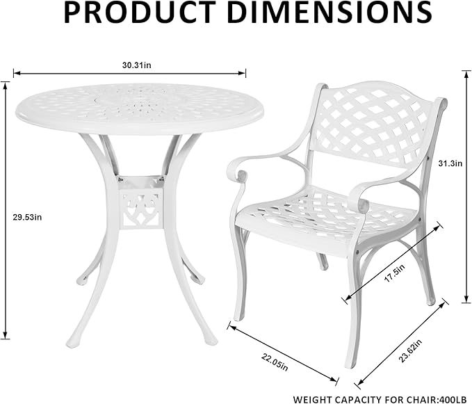 3 Piece Cast Aluminum Bistro Set With Umbrella Hole, Outdoor Patio Furniture With Adjustable Foot Cap, Metal Table and 2 Chairs for Garden, White