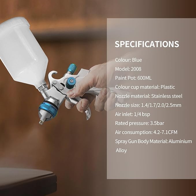 HVLP Spray Gun Kit with 1.4/1.7/2.0/2.5mm Nozzles, Professional Car Paint Spray Gun Wall Repair Furniture Refinishing Painting Gun, Gravity Feed Paint Sprayer Gun (Blue-1.4/1.7/2.0/2.5mm)