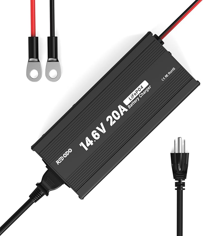 Redodo 12V 20A LiFePO4 Battery Charger AC-DC 14.6V Lithium Battery Smart Charger with Led Indicator for 12V Series Deep Cycle Rechargeable LiFePO4 Battery