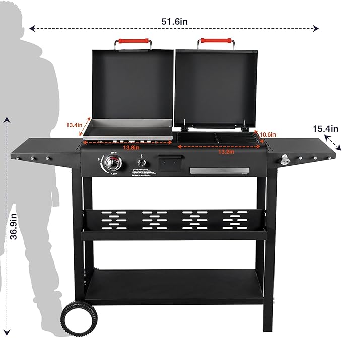 Propane and Charcoal Grill Combo, Gas Griddle Grill Combo Two Fuel BBQ Grills with Long Silicone Non-Slip Grill Gloves, Dual Fuel Lids and Side Shelves