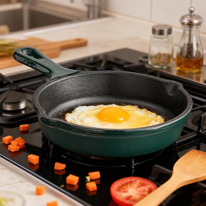 Commercial Grade, Cast Iron Enameled Cookware (Green, Skillet 6”)