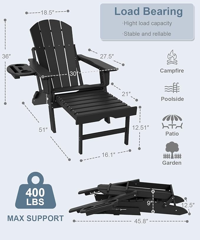 Adjustable Adirondack Chair with Retractable Ottoman Set of 4, HDPE Folding Adirondack Chair with Cup Holder, All Weather Fire Pit Chair for Outdoor,Black