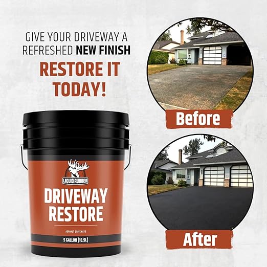 Liquid Rubber Driveway Restore - Highly Flexible Asphalt Coating Fills Cracks and Revitalize, Easy to Use and Apply, 5 Gallon