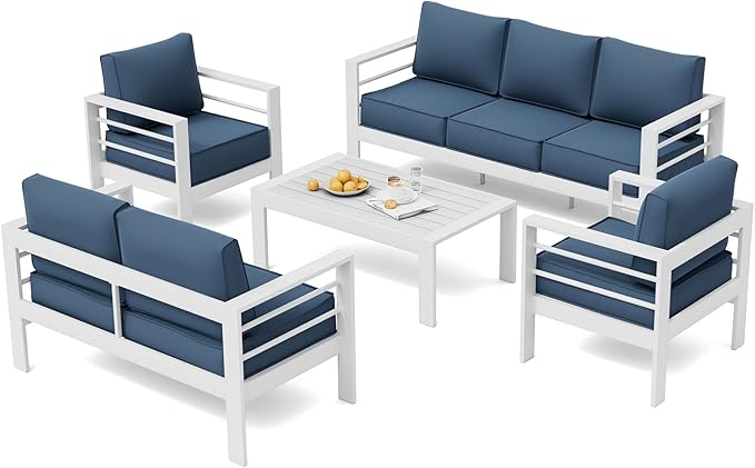 UDPATIO 8 Piece Aluminum Patio Furniture Set, Oversized Modern Outdoor Furniture Set with Olefin Fabric Cushion for Patio Deck Backyard, White/Navy(with Waterproof Covers)