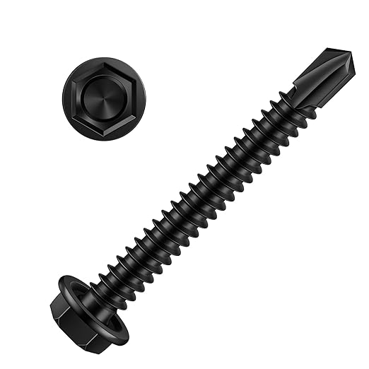 MewuDecor #10 x 2-1/2" (1/2" to 3" Available) Hex Washer Head Self Drilling Sheet Metal Screws with Drill Point, Stainless Steel 410, Black Oxide, 50 PCS