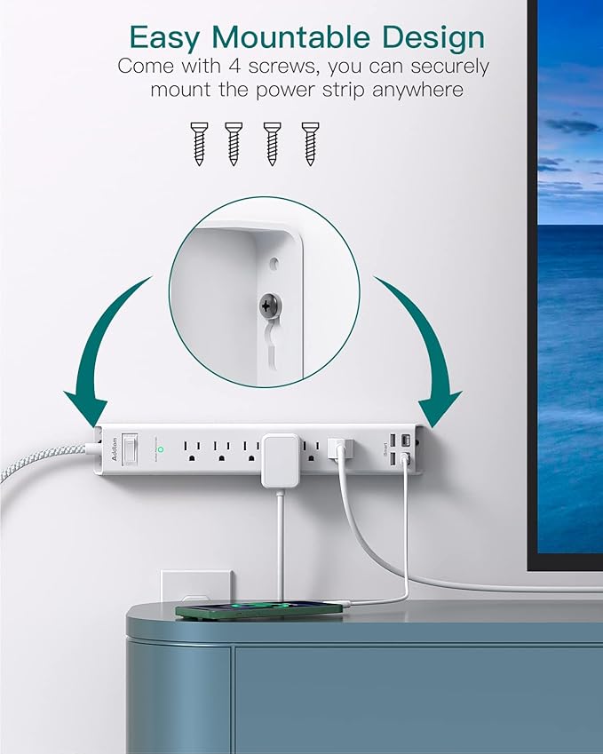 15FT Power Strip Surge Protector, Extension Cord with Multiple Outlets, 6 AC Outlet 4 USB (2 USB C), Flat Plug, Wall Mount, Multi Plug Outlet Extender for Home Office Dorm Room Essentials