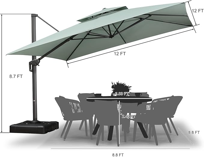PURPLE LEAF 12 FT Cantilever Umbrella - Large Offset Square Outdoor Patio Umbrella, Windproof Heavy Duty Hanging Outside for Patio, Mint Green
