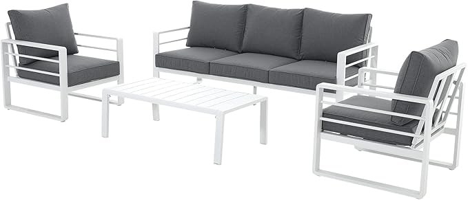 Patiorama Aluminum Patio Furniture Set, 4 PCS Modern Patio Conversation Set, All Weather White Outdoor Sectional Sofa Set w/Coffee Table, 3-Seater Sofa, Superior Olefin Cushion, Garden-Grey Cushion