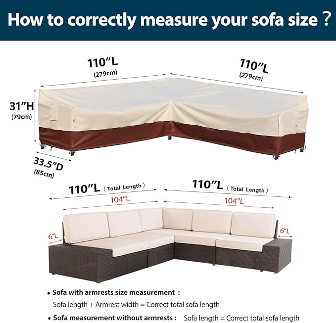 Outdoor Sectional Cover-V-Shaped Patio Furniture Covers Waterproof Rip-Stop Anti-UV 600D Heavy Duty Outdoor Couch Cover 110''L (85''L)32''D 31''H Beige & Reddish Brown
