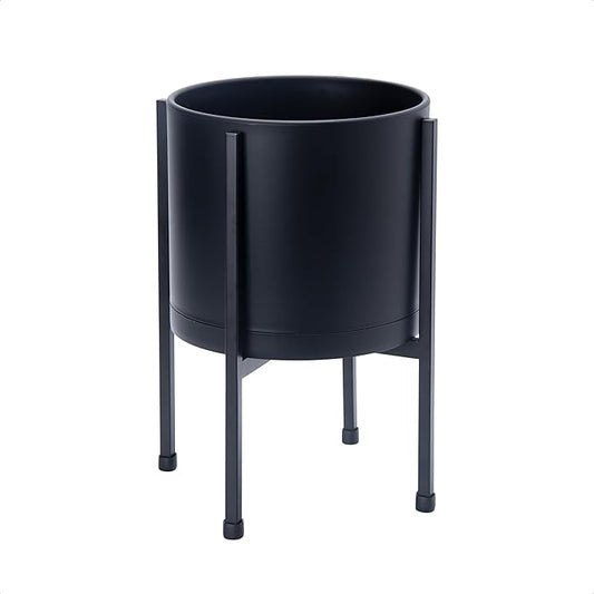 D'vine Dev 8 Inch Black Planter Pot with Stand – Modern Plastic Cylinder Flower Pot with Heavy-Duty Metal Stand for Indoor Plants, 55-D-B-1