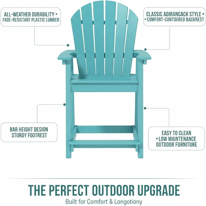 OTSUN Tall Adirondack Chair, HDPE Outdoor Chair for Garden, Backyard, Poolside, Capacity 400LBS (1 PC, Aruba Blue)
