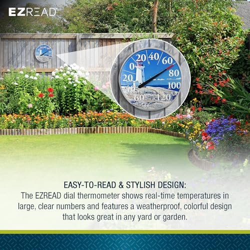 EZREAD Hanging Dial Thermometer 840-1215 Weather Thermometers for Indoor and Outdoor Use, Large 12.5 Inch Diameter, Easy to Read Numbers, Lighthouse