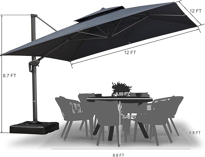 PURPLE LEAF 12 FT Cantilever Umbrella Outdoor Patio Umbrella, Large Offset Square Umbrella, Windproof Heavy Duty Hanging Outside Umbrellas for Patio, Graphite Grey