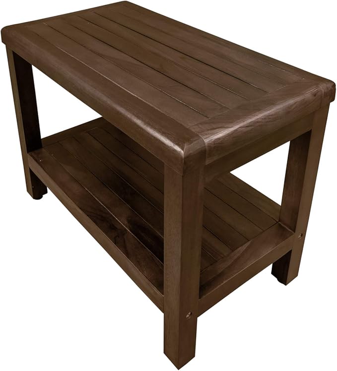DecoTeak Eleganto 24 Inch Brown Waterproof Teak Wood Shower Bench Stool Seat Chair for Inside Shower Storage Shelf Provides Safety, Storage, and Organization for Bathroom Accessories