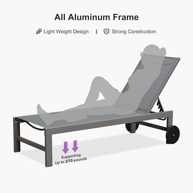 PURPLE LEAF Outdoor Lounge Chair Set for 2 Patio Chaise Lounger with Aluminum Frame and Wheels All-Weather Pool Lounge Chairs for Outside Garden Yard Poolside Table Included, Grey