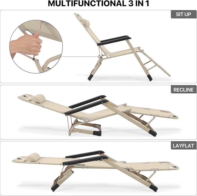 MoNiBloom Folding Reclining Patio Chair Set of 2, 3-Position Patio Lounger Folding Chairs with Adjustable Backrest and Headrest for Backyard Poolside Lawn, 330lbs Capacity