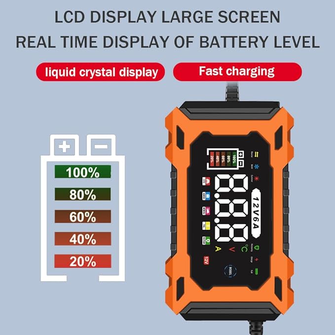 12V 6A Smart Battery Charger - Automotive Car/Motorcycle 12V Lead-Acid Battery Charger with LCD, Pulse Repair & Overcharge Protection (Orange)