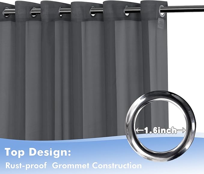HolidayIdeas Outdoor Sheer Curtains for Patio Waterproof, 2 Panels - 54 x 108 Inch - Grey Light Filtering Voile Outside Curtains Grommet Drapes for Front Porch, Gazebo, Pergola, Backyard