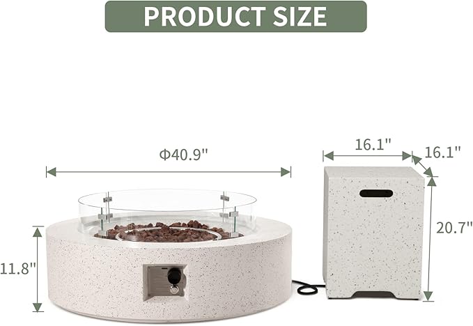 COSIEST 2-Piece Outdoor Propane Firepit Table Set w Tank Table, 42 inch Dark Fire Table Certified, 50,000 BTU w Beige Round Base,Wind Guard and 16 inches Tank Side Table 20lb for Garden,Pool