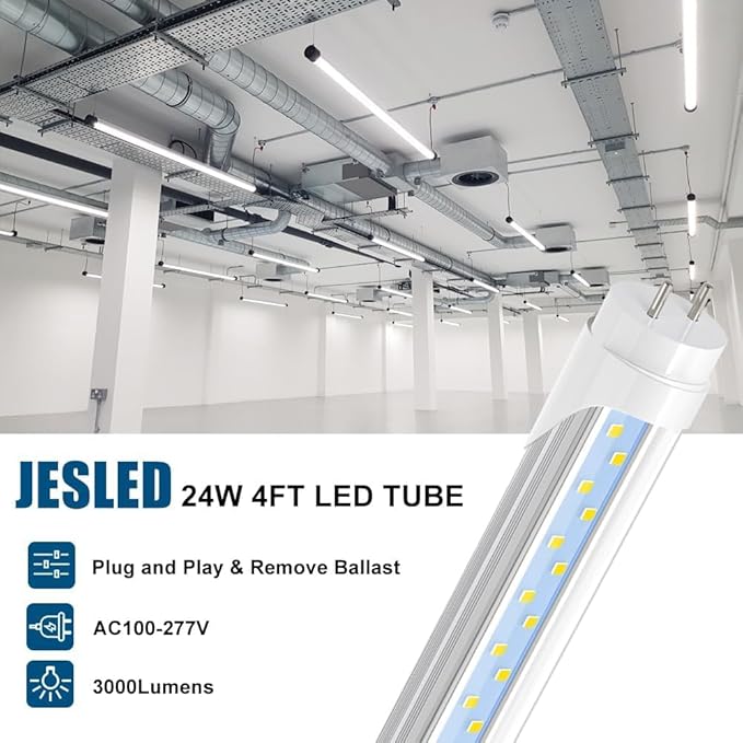 JESLED T8 4FT LED Type A+B Light Bulbs, 24W 3000LM 5000K Daylight White, Plug and Play or Ballast Bypass, 4 Foot Flourescent Tube Replacement, ETL Listed, Dual-end, Clear, Warehouse Lights 4Pack