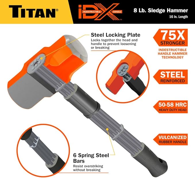 Titan iDX 63618 8lb Sledge Hammer with 16" Indestructible Handle Reinforced with Steel Locking Plates & Steel Bars, Vulcanized Rubber Grip, Oevrstrike Protection