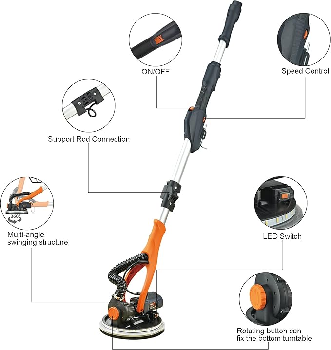 MAXXT Drywall Sander with Vacuum Dust Collection, Popcorn Ceiling Removal Tool, 6 Variable Speed Foldable Telescopic Electric WallSander, 600-1900RPM Power Sander Tool, LED Light, 18Pcs Sanding Discs