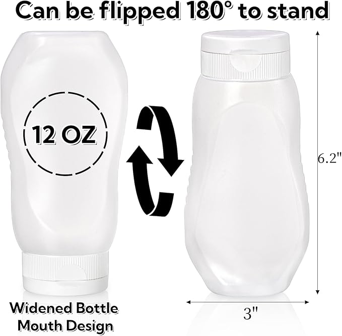 Goaste 12 Pack Condiment Squeeze Bottles, 12 oz Plastic Squirt Bottles with Flip Top Cap, Reusable Empty Sauce Containers with Labels & Silicone Funnels for Ketchup, Mustard, Syrup, Salad Dressings