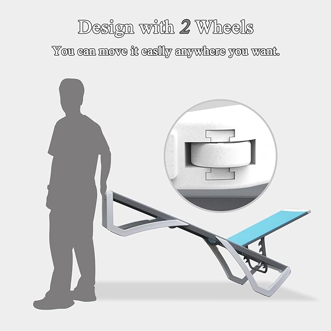 Domi Pool Lounge Chair Aluminum Adjustable Outdoor Chaise Lounge,All Weather Plastic Poolside Lounge Chair for Deck Lawn Backyard, Aqua Textilene