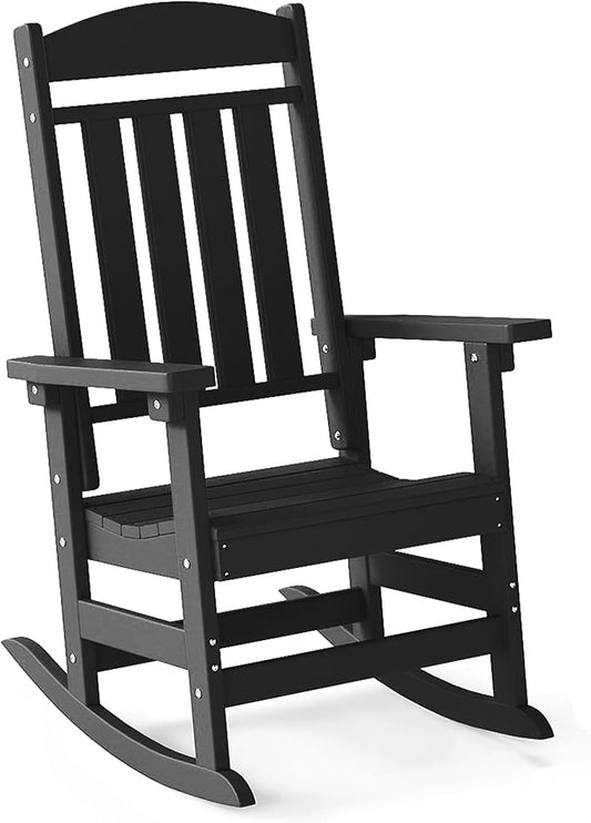 FOOWIN Outdoor Rocking Chair, High Back Patio Rocking Chair, HDPE All Weather Resistant Porch Rocker for Adult, Rocking Chairs for Outdoor, Indoor, Patio, Deck, Garden (Set of 1, Black)