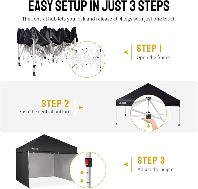 CROWN SHADES 10X10 Comercial Instant Canopy Pop Up Tent with Center Lock (10x10 with 4 Sidewalls, Black)