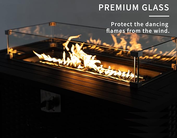 UDPATIO 44" Propane Gas Fire Pit Table, 55000 BTU Rectangular Fire Pit with Glass Wind Guard for Outside Patio Deck Garden Backyard