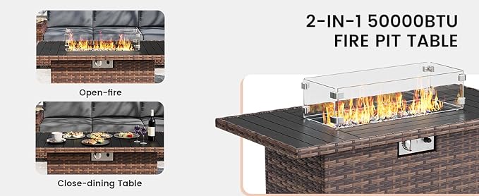 UDPATIO 44" Propane Gas Fire Pit Table, 55000 BTU Rectangular Fire Pit with Glass Wind Guard for Outside Patio Deck Garden Backyard