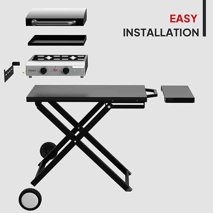 ROVSUN 20000 BTU Foldable Flat Top Gas Grill with Cart, Enameled Tray & Lid, 2 Burner Portable Rolling Propane Griddle with Electronic Ignition & Regulator for Outdoor Cooking Camping BBQ Tailgating
