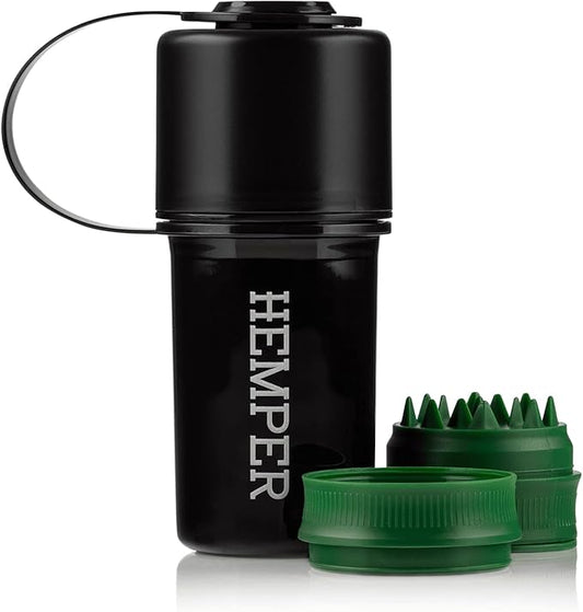 Hemper Keeper 3‑in‑1 Herb Grinder with Dual Storage Container - Smell‑Proof, Airtight & Water‑Resistant - Built‑In Removable Grinder, Dual Compartments for Flower & Ground - (Black)