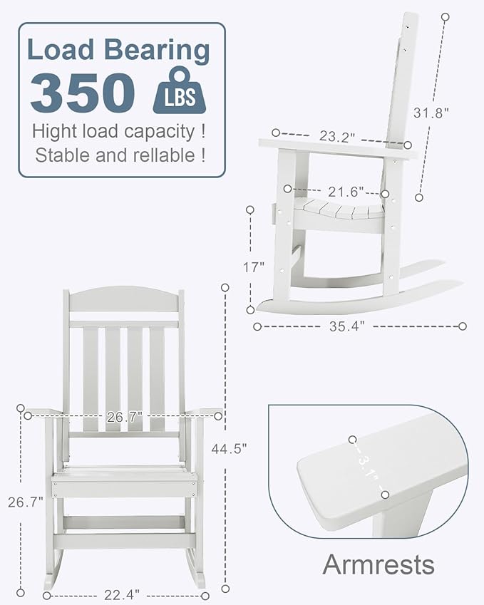 Outdoor Rocking Chairs, Oversized High Back Patio Rocking Chairs, All Weather Porch Rocking Chairs for Outside. White
