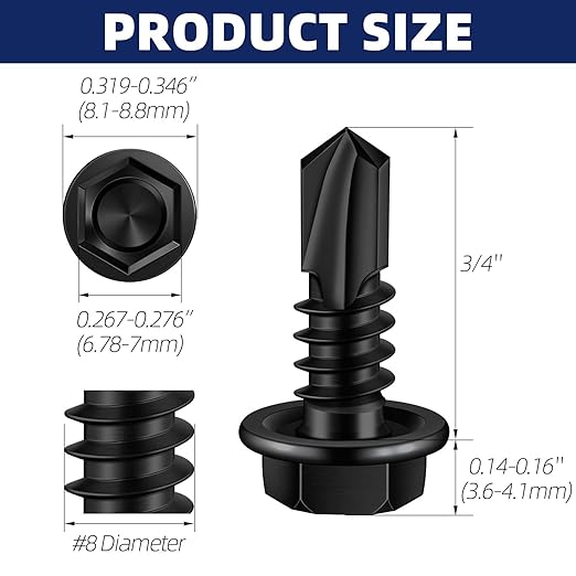 MewuDecor #8 x 3/4" Hex Washer Head Self Tapping Sheet Metal Screws with Drill Point, Stainless Steel 410, Self Drilling, Black Oxide, 100 PCS
