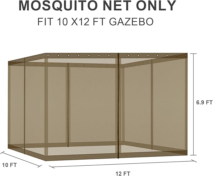 BPS 10' x 12' Gazebo Universal Mosquito Netting Screen Replacement, 4-Panel Screen Walls with Double Zippers for Outdoor Patio, Brown (Mosquito Net Only)