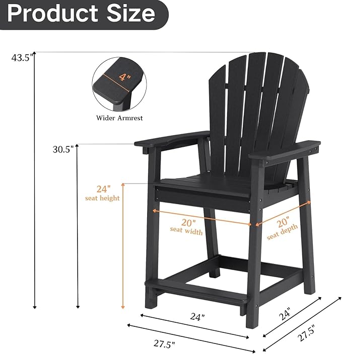 OTSUN Outdoor Tall Adirondack Chair, HDPE Weather Resistant Outdoor Chair for Garden, Backyard, Poolside, Capacity 400LBS (1 PC, Black)