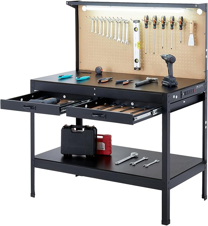 VEVOR Hardwood Workbench, 242.5 lbs Weight Capacity, 47.2-inch Heavy Duty Workbench with Pegboard, 4 AC Outlets & 2 USB Ports, 1.5m Cable & 30 Hooks, Garage Work Bench with Drawer for Workshop