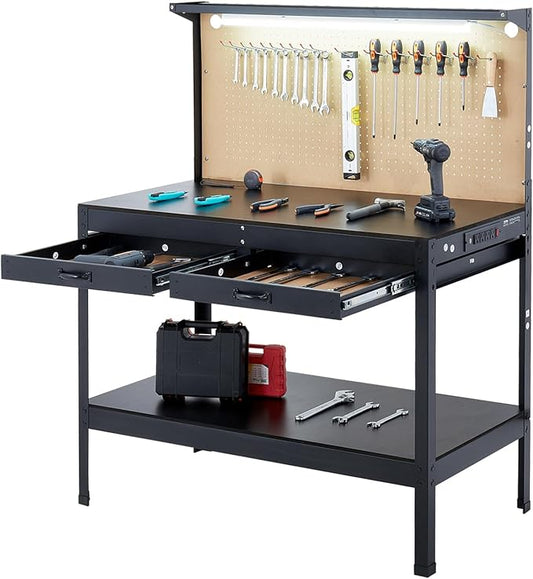 VEVOR Hardwood Workbench, 242.5 lbs Weight Capacity, 47.2-inch Heavy Duty Workbench with Pegboard, 4 AC Outlets & 2 USB Ports, 1.5m Cable & 30 Hooks, Garage Work Bench with Drawer for Workshop