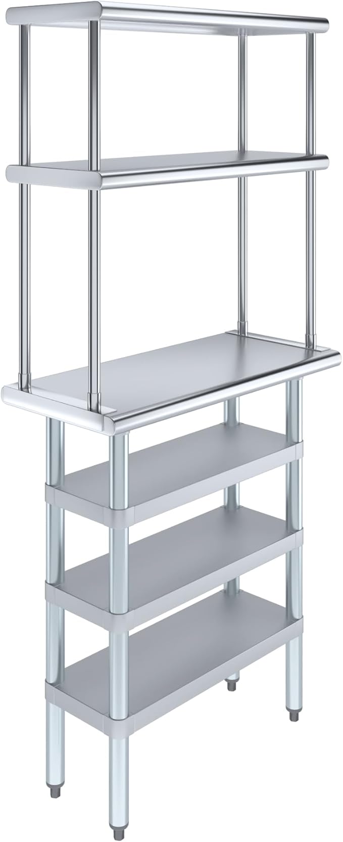 Amgood 14" x 30" Stainless Steel Work Table with 3 Shelves and 12" Wide Double Tier Overshelf | Metal Kitchen Prep Table & Shelving Combo | NSF
