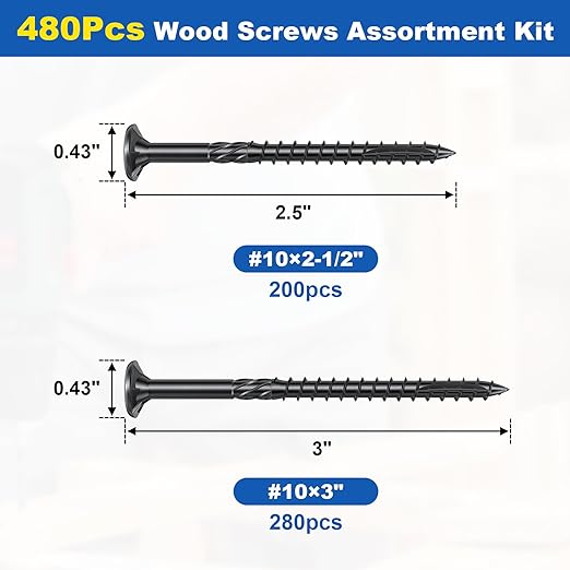 480Pcs Deck Screws, #10 Wood Screws Assortment Kit, 2Sizes Screws Set (2-1/2", 3"), Rust Resistant Torx Screws with Flat Head, Black Screw Kit for Woodworking Projects, Star Bit Included