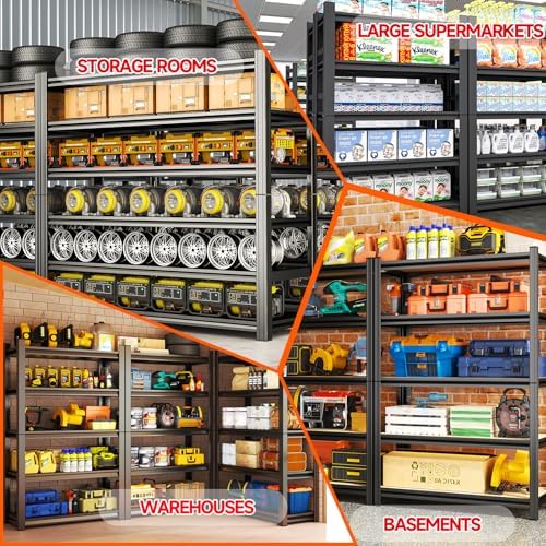 Heavy Duty Metal Garage Shelving Unit, 5 - Tier Adjustable Storage Shelves, 3000LBS for Garage & Basement, Kitchen and Pantry Industrial Steel Rack, Ideal for Tool Organization & Storage, Black,73"H