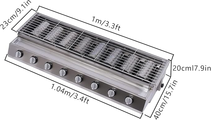 8-Burner Gas BBQ Grills, Stainless Steel Patio Garden Barbecue Grill with 8 Independent Burners and Switches, Tabletop Gas Grill for Restaurants, Outdoor Camping, Height Adjustable
