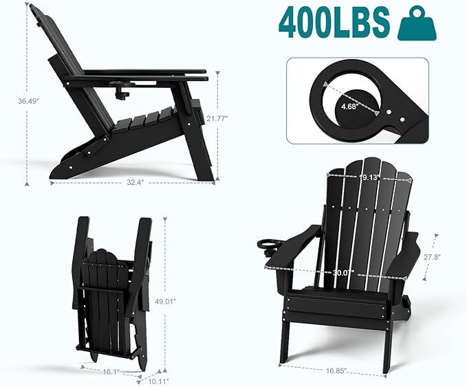 FOOWIN Adirondack Chair Set of 8, Folding Adirondack Chair with Cup Holder, HDPE All-Weather Fire Pit Chair for Patio, Garden, Backyard, Poolside, Black