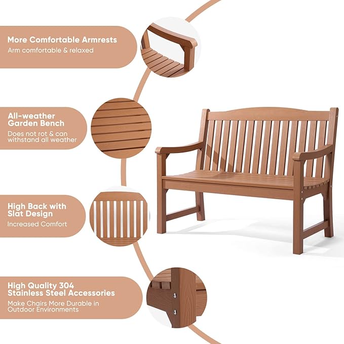 Outdoor Bench Set of 4, All Weather Resistant Poly Lumber 2-Person Weatherproof Patio Garden Bench, Will not Rot and Fade, Outside Bench Suit for Garden, Porch,Balcony, Poolside, Park - Teak