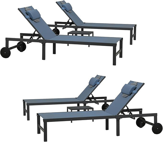 PURPLE LEAF Outdoor Tanning Lounge Chair Set with Face Hole Aluminum Adjustable Chairs Wheels Pillows and Table for Poolside Beach Patio Reclining Sunbathing Lounger Indigo