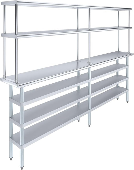 Amgood 14" x 96" Stainless Steel Work Table with 3 Shelves and 12" Wide Double Tier Overshelf | Metal Kitchen Prep Table & Shelving Combo | NSF