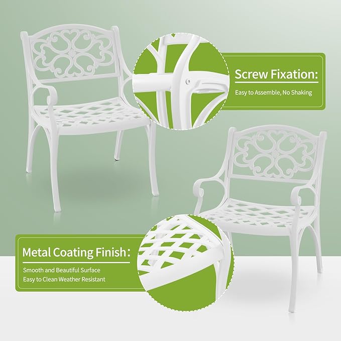 Cast Aluminum Patio Chairs Set of 2 Outdoor Dining Chairs,All Weather Metal Patio Bistro Chair with Adjustable Feet,Patio Dining Chair for Garden,White